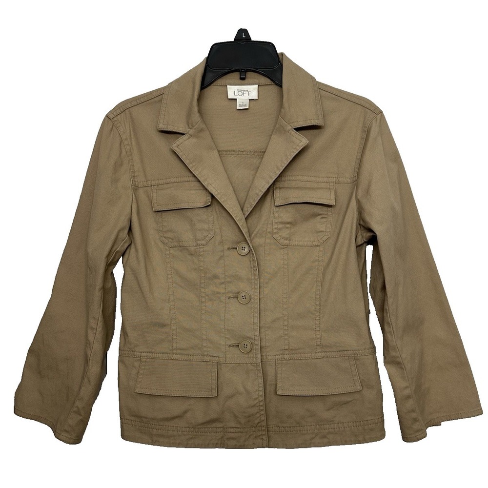 LOFT Women's Utility Jacket Olive Khaki Button Front Pockets Casual Layering